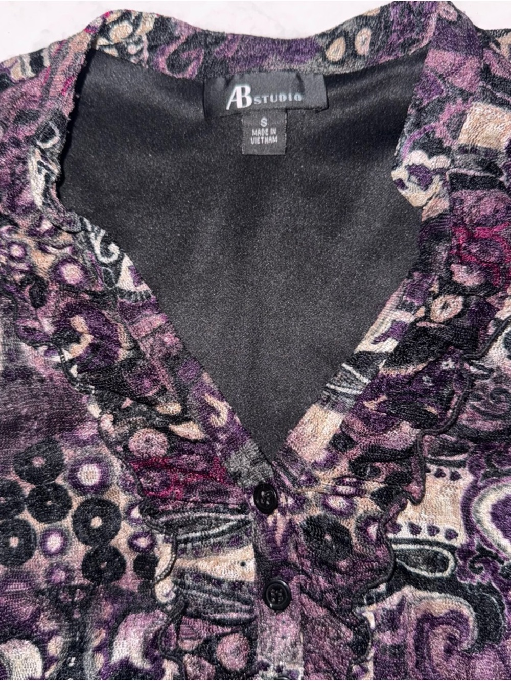 AB Studio Purple Paisley Empire Waist Short Sleeve Top - Picture 3 of 4